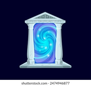 Fantasy fairytale game magic portal. Isolated cartoon vector mystical door with ancient stone columns and blue plasma vortex or shimmering energy, bridging realm with fantastical world of enchantment