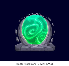 Fantasy fairytale game magic portal door with green plasma, cartoon vector gate in stone rock arch. Magic portal door or parallel world entrance for time and space teleport for mystery game element