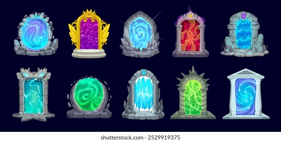 Fantasy fairytale game magic portal doors. Cartoon vector set of mystical energy plasma light framed in stone arches. Gates, doorways and gateways to worlds of adventure, teleportation and time-travel