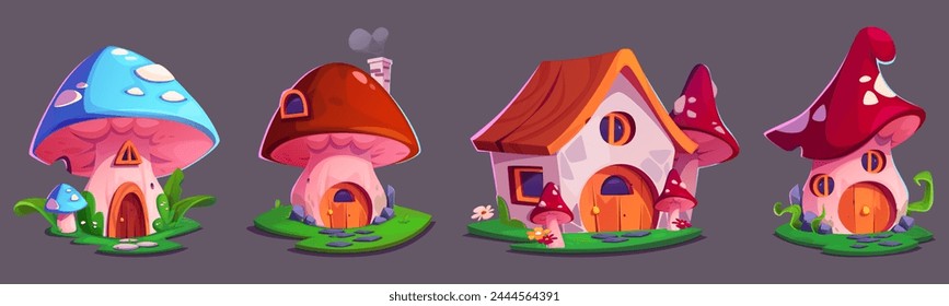 Fantasy fairytale gnome or animal mushroom house. Cartoon vector illustration set of magic forest or garden tiny home made from fungus with grass and flowers. Cute elf cottage with window and door