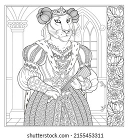 Fantasy fairytale lion girl. Vintage coloring book page for adults
