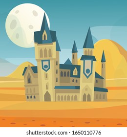 Fantasy fairytale medieval castle in night landscape with big scary moon vector illustration. Cartoon castle for wizards, warlocks or princess in desert landscape. Poster for children books cover.