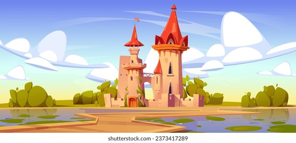 Fantasy fairytale medieval house cartoon background. Magic princess palace near lake vector landscape illustration. Road to italian kingdom building on island in summer. Nenuphar in swamp water