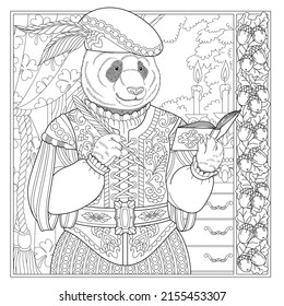 Fantasy fairytale panda man. Vintage coloring book page for adults