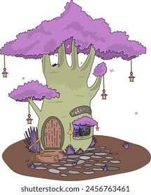 Fantasy Fairytale Pharmacy Tree with Purple Leaves and Open Counter Display Case. Vector illustration a cat is lying on a tree, and butterflies are flying nearby. Night lights hang all around. A