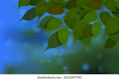 fantasy, falling leaves with morning dew shining between leaves exposed to sunlight on dark forest blurred background, digital art vector illustration. svg