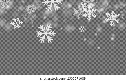 Composición de copos de nieve de fantasía. Partículas de congelación de motas de invierno. Ilustración transparente blanca del Clima de la nevada. Vibrante tema navideño de copos de nieve. Paisaje de huracán de nieve.