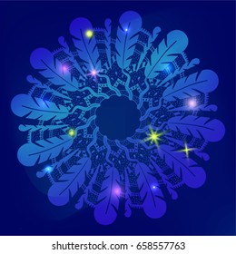 Fantasy feather mandala in shiny galactic space, glowing lights of stars in the mystical night sky background. Decorative feather circle for t shirt, tattoo, fabric, textile, pillows or poster print