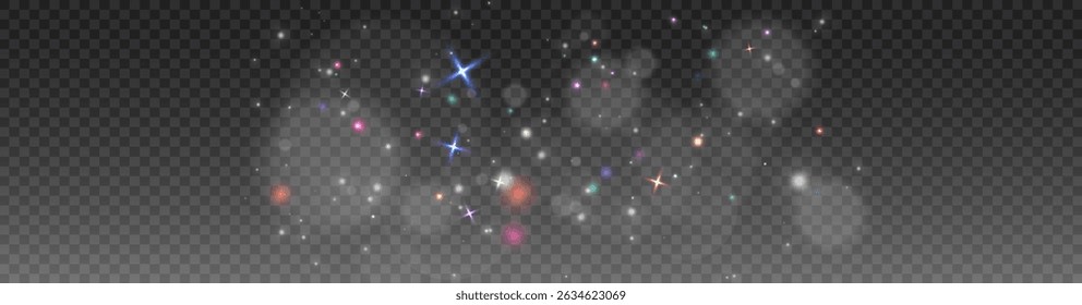 Fantasy festive light with glitter, glow, golden sparkle, magic particles and abstract snow effect on black background, Christmas decoration with bright flare for celebration card or illustration