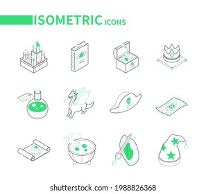 Fantasy and fiction - line colorful isometric icons set. Magic objects and fairy tale characters idea. Castle, book, crown, potion, dragon, pirate hat, flying carpet, map, cauldron, sword and shield