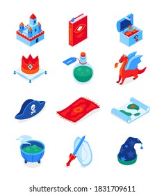 Fantasy and fiction - modern colorful isometric icons set. Magic objects and fairy tale characters idea. Castle, book, crown, potion, dragon, pirate hat, flying carpet, map, cauldron, sword and shield