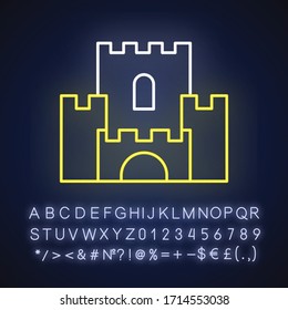Fantasy film neon light icon. Outer glowing effect. Sign with alphabet, numbers and symbols. Fictional story and legends, popular cinema genre. Medieval castle vector isolated RGB color illustration