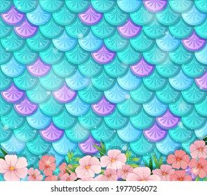 Fantasy fish scales background with many flowers illustration