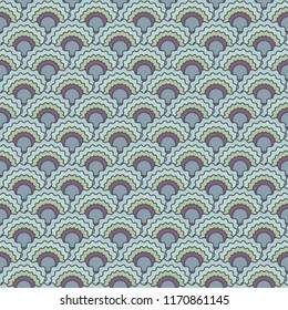 Fantasy fish scales squama background, vector seamless fabric pattern, tiled textile print. Traditional chinese squama scales seamless arc tiles mosaic. Textile pattern.