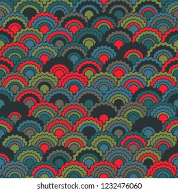 Fantasy fish scales squama background, vector seamless fabric pattern, tiled textile print. Vintage japanese squama scales seamless arc tiles mosaic. Roof pattern.