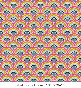 Fantasy fish scales squama background, vector seamless fabric pattern, tiled textile print. Vintage japanese squama scales seamless arc tiles structure. Iguana skin pattern.