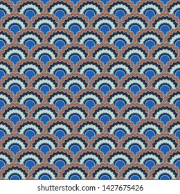 Fantasy fish scales squama background, vector seamless fabric pattern, tiled textile print. Classic japanese squama scales seamless arc tiles background. Mermaid skin pattern.