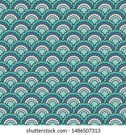 Fantasy fish scales squama background, vector seamless fabric pattern, tiled textile print. Vintage chinese squama scales seamless arc tiles texture. Reptile skin pattern.