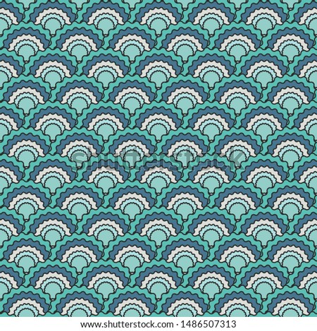 Fantasy fish scales squama background, vector seamless fabric pattern, tiled textile print. Vintage chinese squama scales seamless arc tiles texture. Reptile skin pattern.