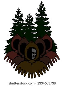 Fantasy five skeletons in hood  engineer. Outline fairy character. Man with scull,   Medieval mans. Magic brown colored corpse for book. Creature for wonder land. Three pine. Green fir trees.