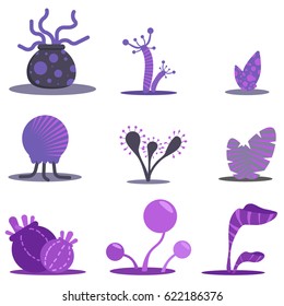 Fantasy flat set plants. Violet flowers and trees, alien. Simple forms