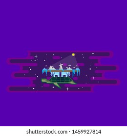 Fantasy flat world that resting on the backs of four elephants who stand upon the back of a turtle. Vector cartoon  illustration for web and print. 