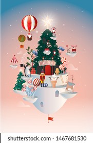 Fantasy Floating christmas tree Christmas greeting template vector/illustration