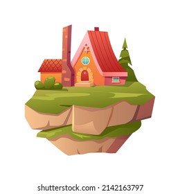 Fantasy Floating Island With Fairy House. Vector Cartoon Of Platform Of Rock Pieces.