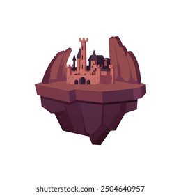 Fantasy floating island with a medieval castle. Isolated on a white background vector illustration of a fortress with towers and walls atop a rocky platform. Ideal for game backgrounds