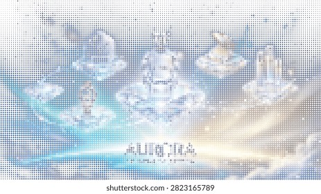 Fantasy floating islands with magical crystals and glowing aura. Ethereal sky setting with mythical elements and mystical atmosphere.