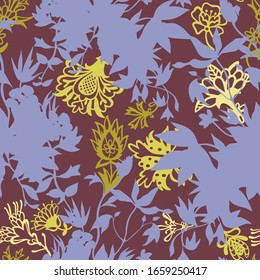 Fantasy floral. Decorative botanical vector seamless pattern made of abstract oriental flowers mixed with silhouettes of wild flowers. Flat line drawing.