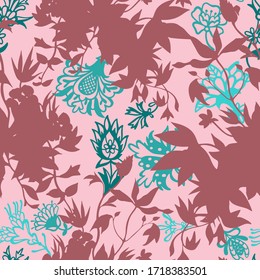 Fantasy floral. Decorative botanical vector seamless pattern made of abstract oriental flowers mixed with silhouettes of wild flowers. Flat line drawing.