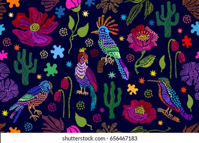 Fantasy floral embroidery. Seamless vector pattern with birds, plants and flowers. Vintage motifs. Retro textile design collection. Colorful on dark.