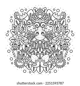 Fantasy floral mandala with cute little fauns. Fairy tale forest nature. Adorable coloring page for kids and adults. Cartoon vector illustration. Black and white colors. Isolated. Outlined drawing