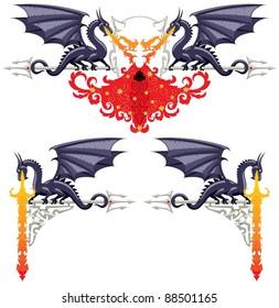 Fantasy floral ornaments with dragons, flames and a devil. 