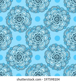 Fantasy floral pattern. Amazing flowers and small circles on a light blue background. Hand drawing, hippie pattern. Vector. 