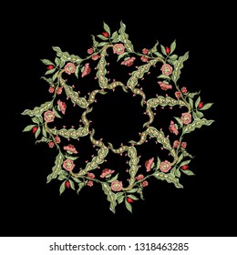 Fantasy floral pattern in jacobean embroidery imitation, vintage, old, retro style.  Vector illustration