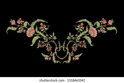 Fantasy floral pattern in jacobean embroidery imitation, vintage, old, retro style.  Vector illustration