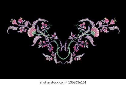 Fantasy floral pattern in jacobean embroidery imitation, vintage, old, retro style.  Vector illustration