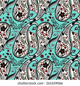 Fantasy floral pattern on turquoise background - vector illustration.