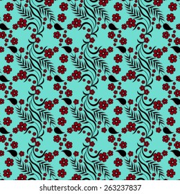 Fantasy floral pattern on turquoise background - vector illustration.