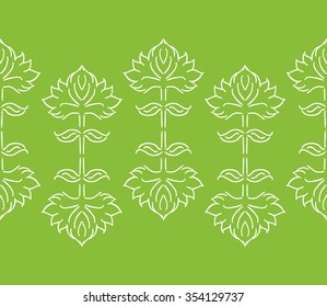 Fantasy floral seamless border or pattern with ethnic style hand drawn leaf elements, white on green background, vector illustration