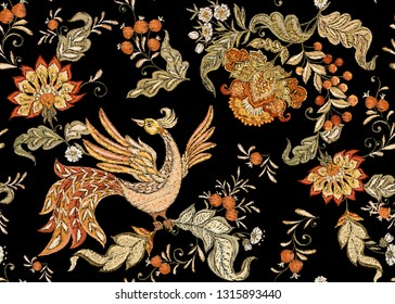 Fantasy floral seamless pattern with bird in jacobean embroidery imitation, vintage, old, retro style.  Vector illustration in soft orange and green colors Isolated on black background.