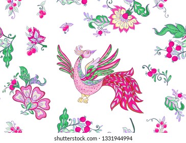 Fantasy floral seamless pattern with bird in jacobean embroidery style, vintage, old, retro style.  Vector illustration in bright pink, purple and green  colors Isolated on white background.