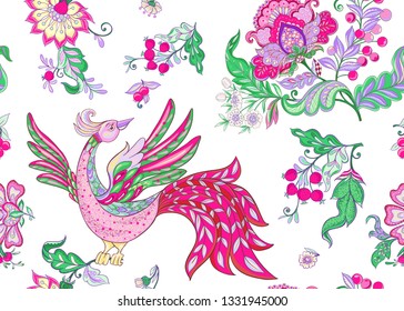 Fantasy floral seamless pattern with bird in jacobean embroidery style, vintage, old, retro style.  Vector illustration in bright pink, purple and green  colors Isolated on white background.