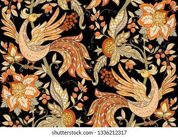 Fantasy floral seamless pattern with bird in jacobean embroidery style, vintage, old, retro style.  Vector illustration in soft orange and green colors Isolated on black background.