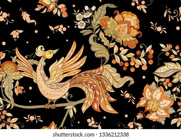 Fantasy floral seamless pattern with bird in jacobean embroidery style, vintage, old, retro style.  Vector illustration in soft orange and green colors Isolated on black background.