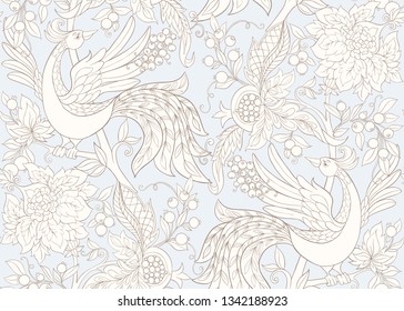 Fantasy floral seamless pattern  with bird in jacobean embroidery style, vintage, old, retro style.  Vector illustration in vintage blue and beige colors.