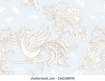 Fantasy floral seamless pattern  with bird in jacobean embroidery style, vintage, old, retro style.  Vector illustration in vintage blue and beige colors.