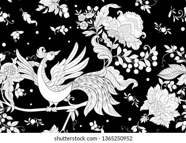 Fantasy floral seamless pattern with bird in jacobean embroidery style, vintage, old, retro style.  Black-and-white graphics. Vector illustration.